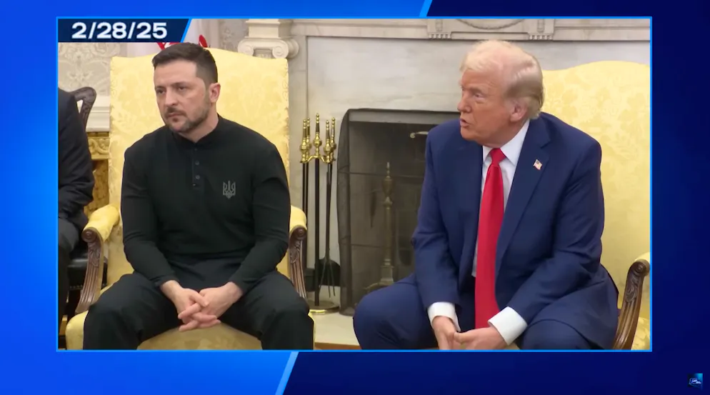 Belehrung im Weissen Haus: Selenskyj sieht aus wie ein Schuljunge, der nach der letzten Stunde vor den Sommerferien noch nachsitzen muss.