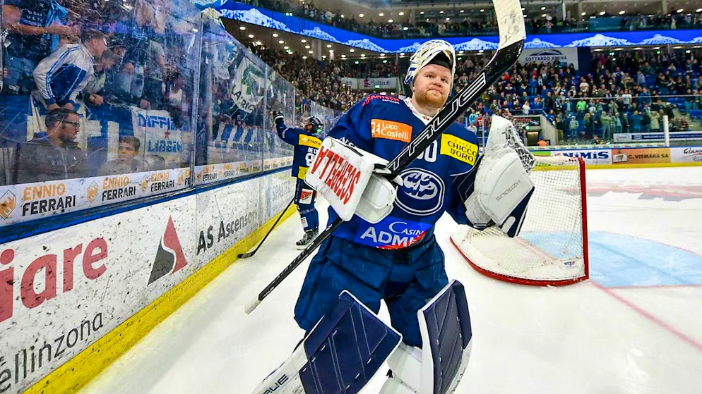 Ambri's goalie Janne Juvonen is celebrated by the fans after a strong performance