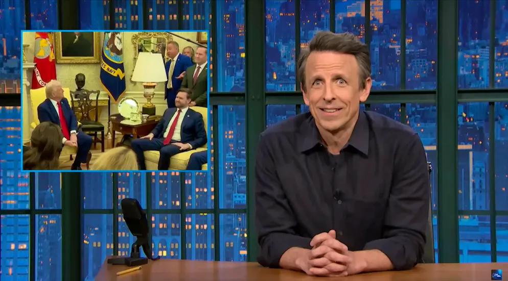 The meeting between Donald Trump and Volodymyr Zelensky also moves Seth Meyers.