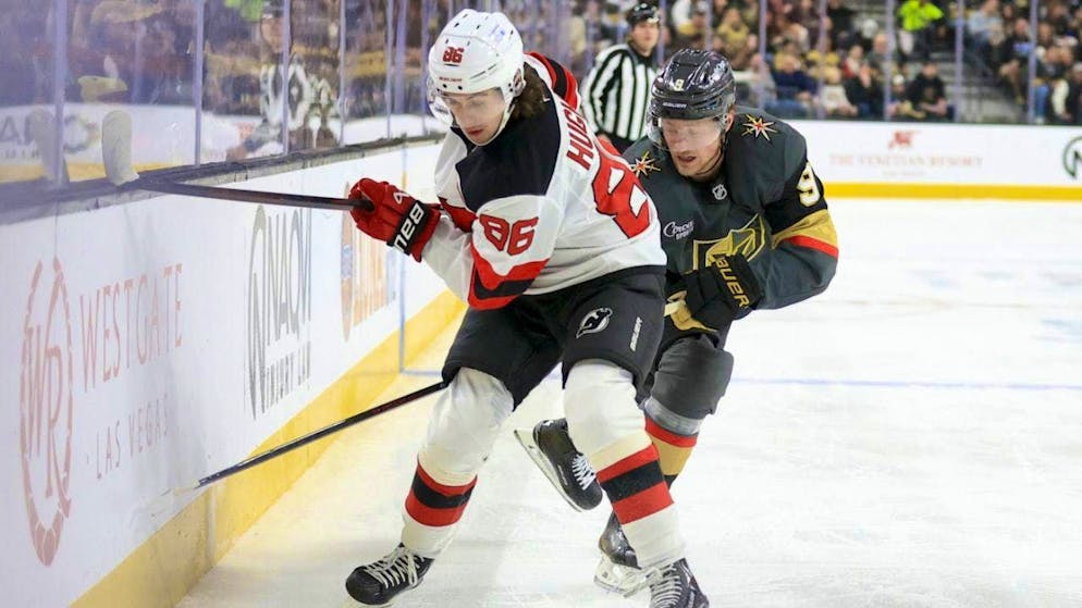 Jack Hughes, the New Jersey Devils' top scorer, in the game against the Vegas Golden Knights