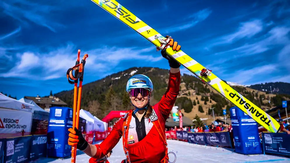 Marianne Fatton celebrates World Championship gold in the Olympic sprint discipline.