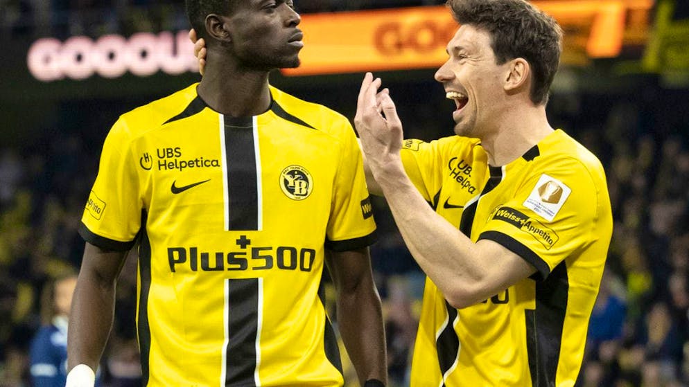 YB players Ebrima Colley and Christian Fassnacht celebrate the opening goal against Lausanne