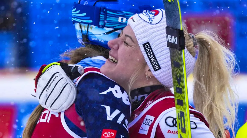 Katharina Truppe accepts the congratulations from Mikaela Shiffrin.