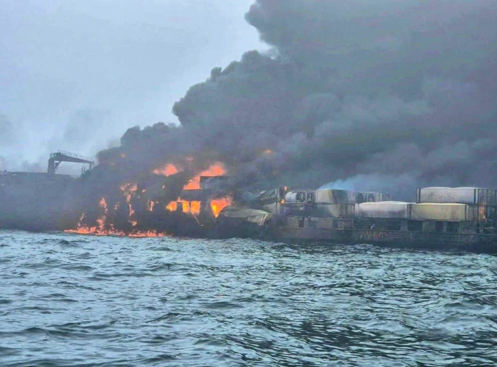 Fire on two ships in the North Sea. There was a collision between two ships off the coast of England near the city of Hull.