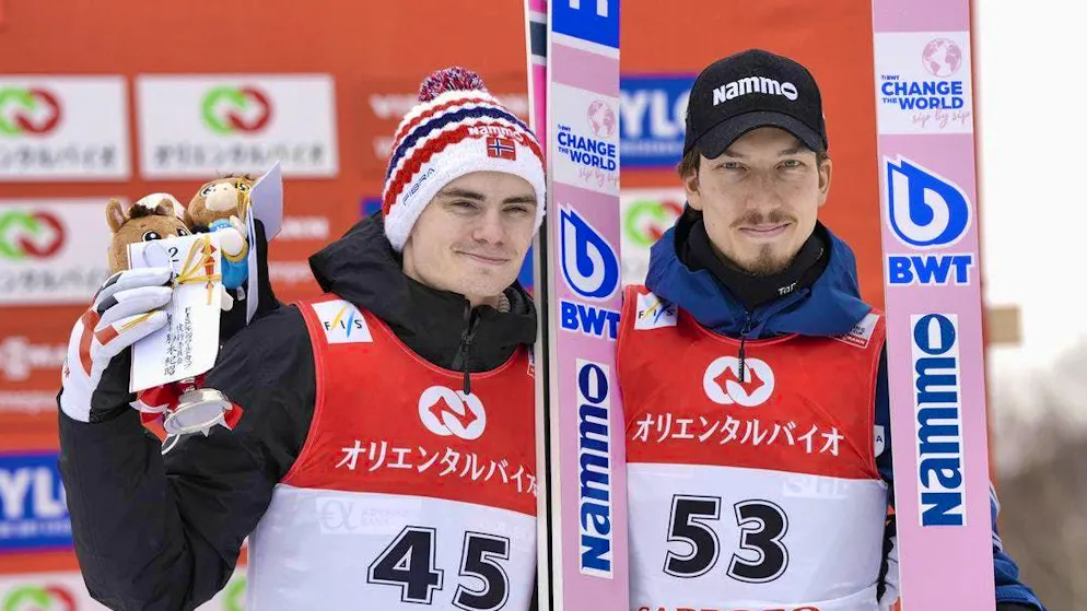 Marius Lindvik (left) and Johann Forfang were disqualified at the Ski Jumping World Championships due to manipulated suits.