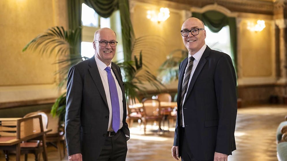 L'elezione del nuovo membro del Consiglio federale del 12 marzo 2025. Markus Ritter (a sinistra) e Martin Pfister oggi nei corridoi di Palazzo federale. Chi dei due diventerà consigliere federale?