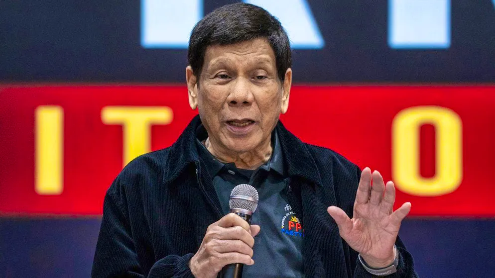 Former President of the Philippines Rodrigo Duterte during a speech in Hong Kong on Sunday. He was arrested upon his arrival in Manila.