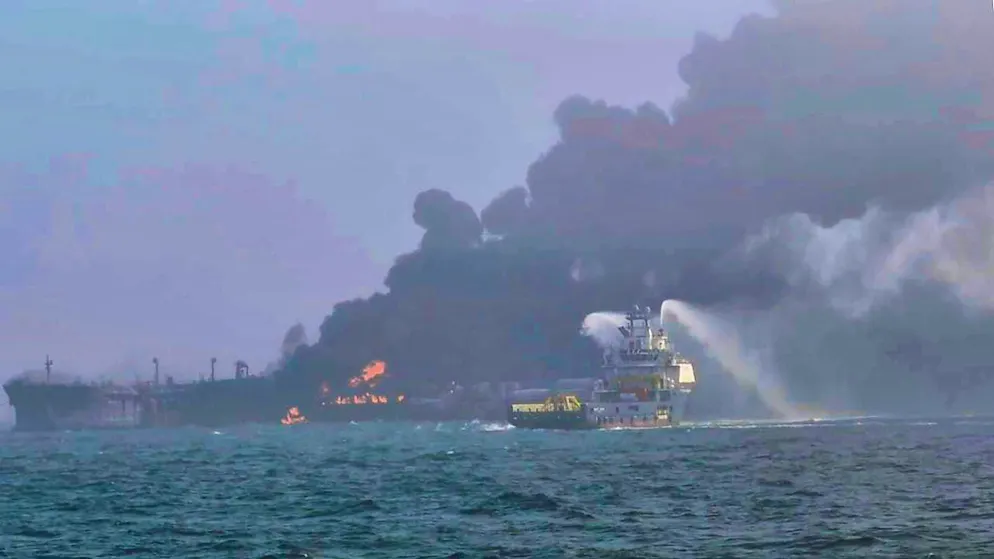 HANDOUT - The picture shows smoke rising from a ship. An oil tanker is on fire in the North Sea near the British coast. The "Stena Immaculate" collided with the cargo ship "Solong" this morning for reasons that have not yet been clarified and caught fire. Photo: -/Bartek Smialek/AP/dpa - ATTENTION: For editorial use only in connection with current reporting within the next 14 days and only with full reference to the above credit