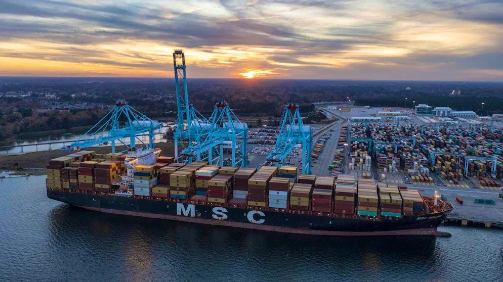 The MSC Meline of the Geneva-based Mediterranean Shipping Company in the port of Norfolk, Virginia.