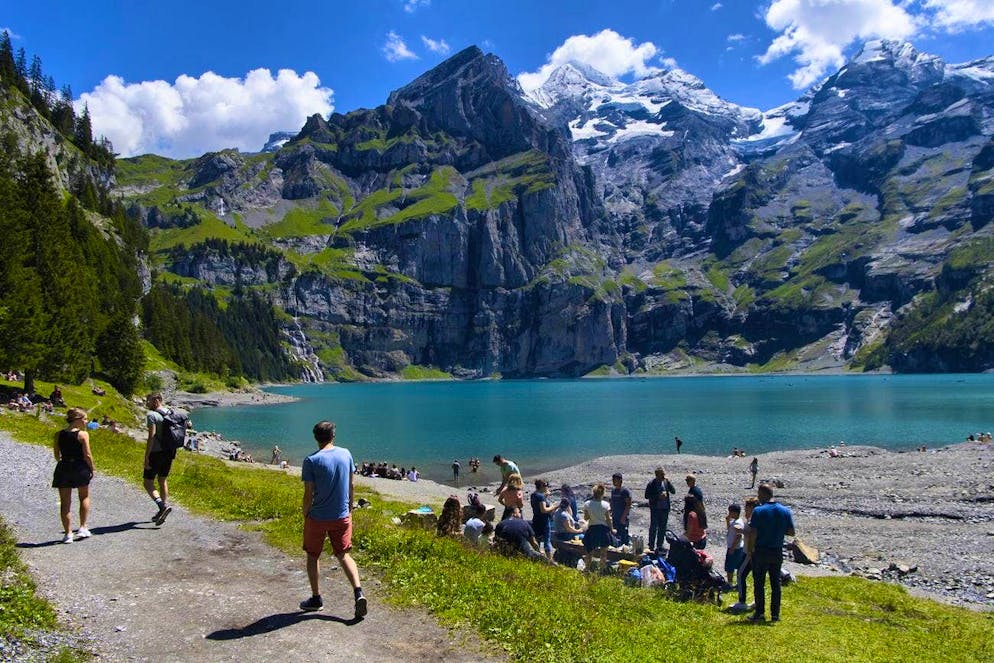 Lake Oeschinen is a popular excursion destination and photo subject.