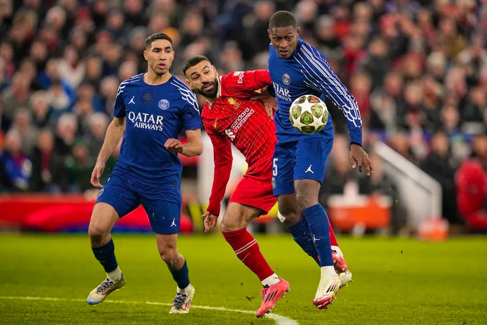 Mohamed Salah was denied by the PSG defense around Nuno Mendes and Achraf Hakimi.