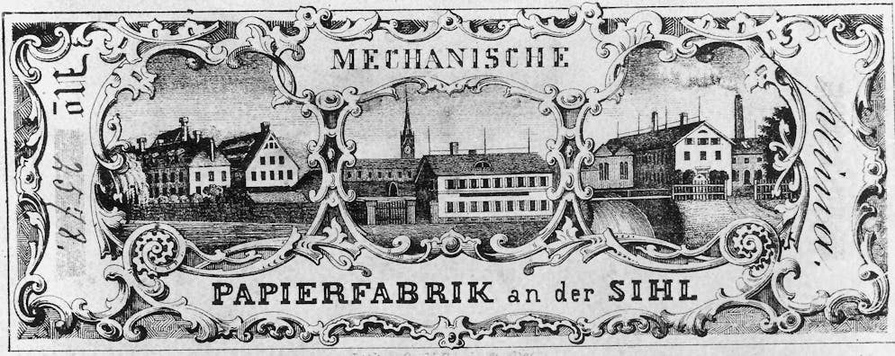 Die Anfänge der Zürcher Papierfabrik an der Sihl – an der Limmat. Werbung für die <em>Mechanische Papierfabrik an der Sihl</em> mit der Bahnhofsbrücke von 1856: «Angeführt von den Bodmers, von Schulthess und Schwarzenbachs, stiegen [um 1700] mehrere der angesehensten Zürcher Familien ins wachsende Papiergeschäft ein, das lange Zeit zur vollen Zufriedenheit aller gedieh», <a target="_blank" rel="nofollow" href="https://www.handelszeitung.ch/unternehmen/fataler-filz">beschreibt</a> «Bilanz» die Historie.