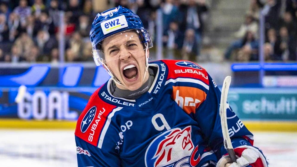 5-1 home win to kick off playoffs for defending champions - Gallery. Young Austrian Vinzenz Rohrer in a ZSC uniform celebrates after his goal to make it 3-1