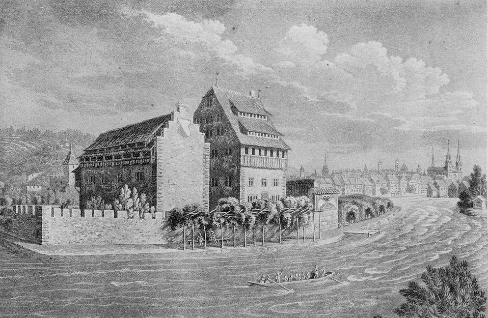 Die Anfänge der Zürcher Papierfabrik an der Sihl – an der Limmat. Heinrich Walchwiler aus einem ausgestorbenen Bürgergeschlecht von Zug erwirbt zwischen 1463 und 1470 «Hof, Mühle, Pulverstampfe und Sägmühle» auf der Werd, die zur Papiermühle umgebaut wurde. Im Bild: die Papierwerd im 16. Jahrhundert.