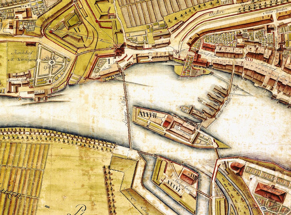 Die Anfänge der Zürcher Papierfabrik an der Sihl – an der Limmat. Die Mühlen waren Eigentum des Klosters Selnau, das 1525 aufgelöst wurde. Die Zürcher Regierung übernahm das Sagen. Im Bild: Die Papierwerd auf dem Müllerplan von 1793.