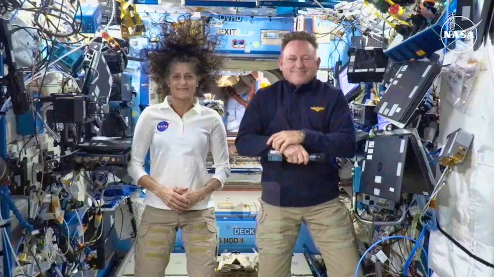 The stranded Nasa astronauts Suni Williams (left) and Butch Wilmore at a press conference from the International Space Station (ISS) on September 13, 2025.