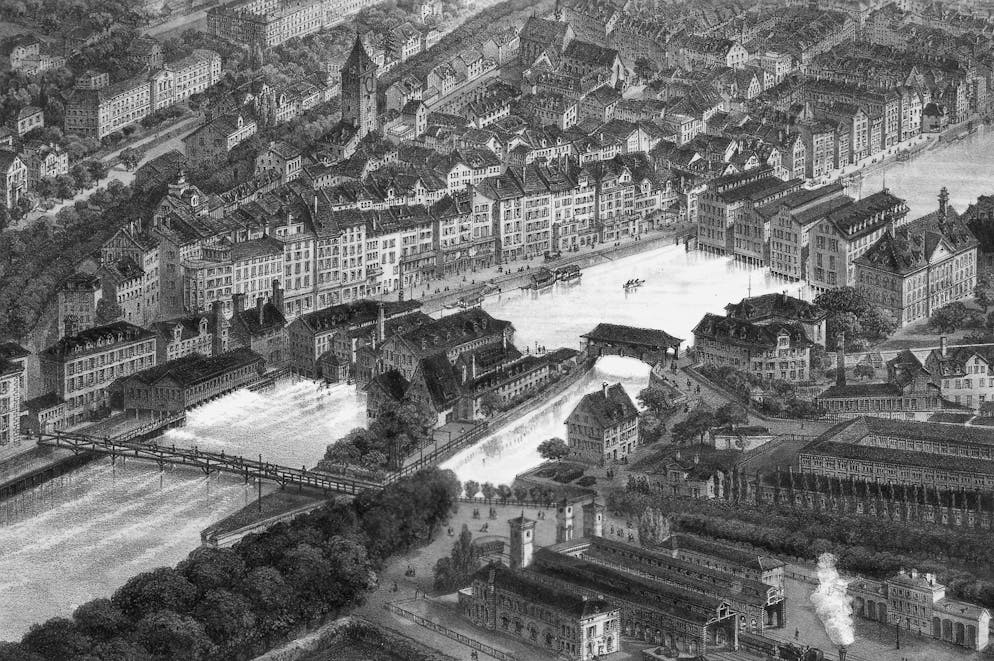 Die Anfänge der Zürcher Papierfabrik an der Sihl – an der Limmat. Die Papierwerd 1860; Ab 1835 wurde vermehrt im neuen Werk in Wiedikon im Werk Giesshübel produziert. 1865 übergibt die Papierfabrik die Papierwerd der Stadt.