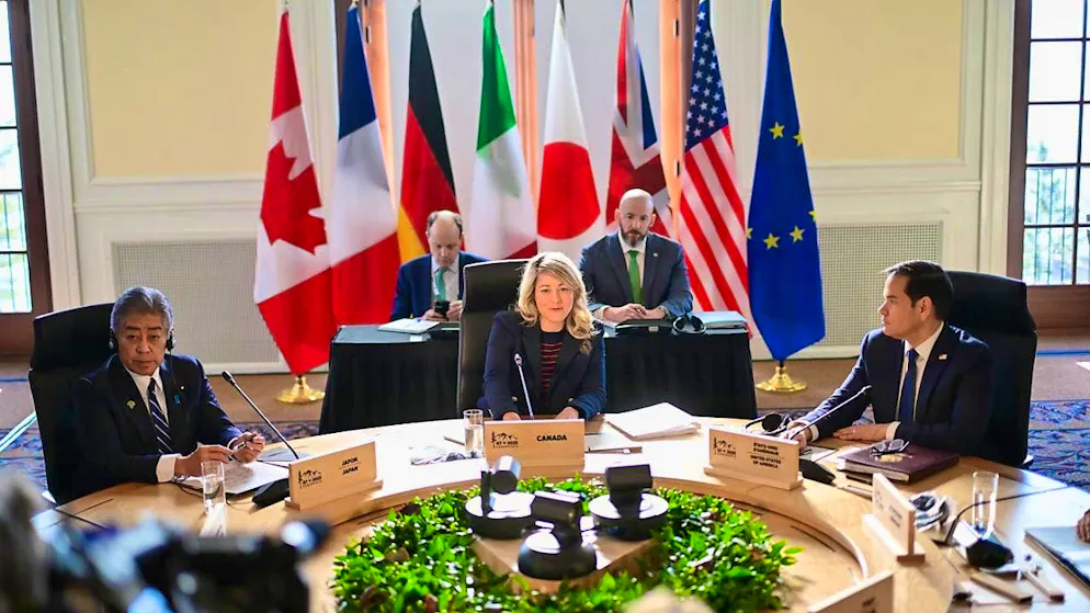 Mélanie Joly (M), Foreign Minister of Canada, speaks during the opening session of the G7 Foreign Ministers' Meeting between Takeshi Iwaya (l), Foreign Minister of Japan, and Marco Rubio, Secretary of State of the USA. Photo: Sebastian Christoph Gollnow/dpa