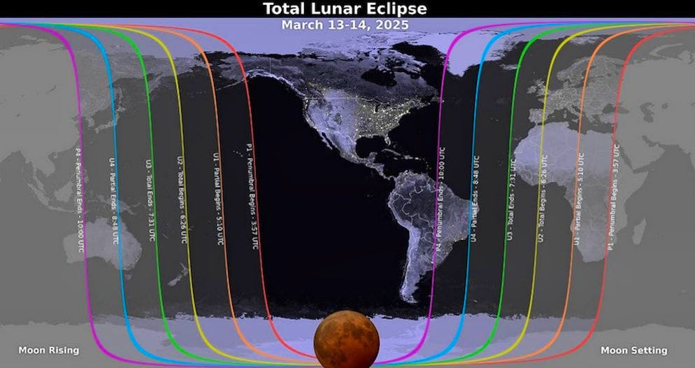 Diese Karte zeigt dir, wo die Mondfinsternis am 13. und 14. März 2025 zu sehen ist.