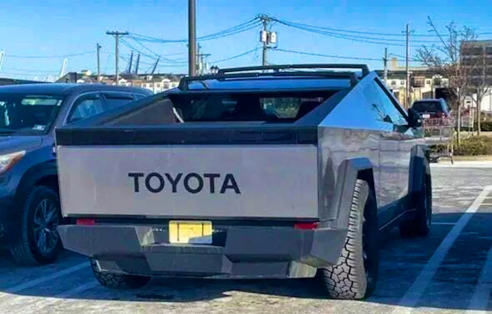 Tesla owners camouflage their cars. A rather pitiful attempt to disguise the Cybertruck as a Toyota.
