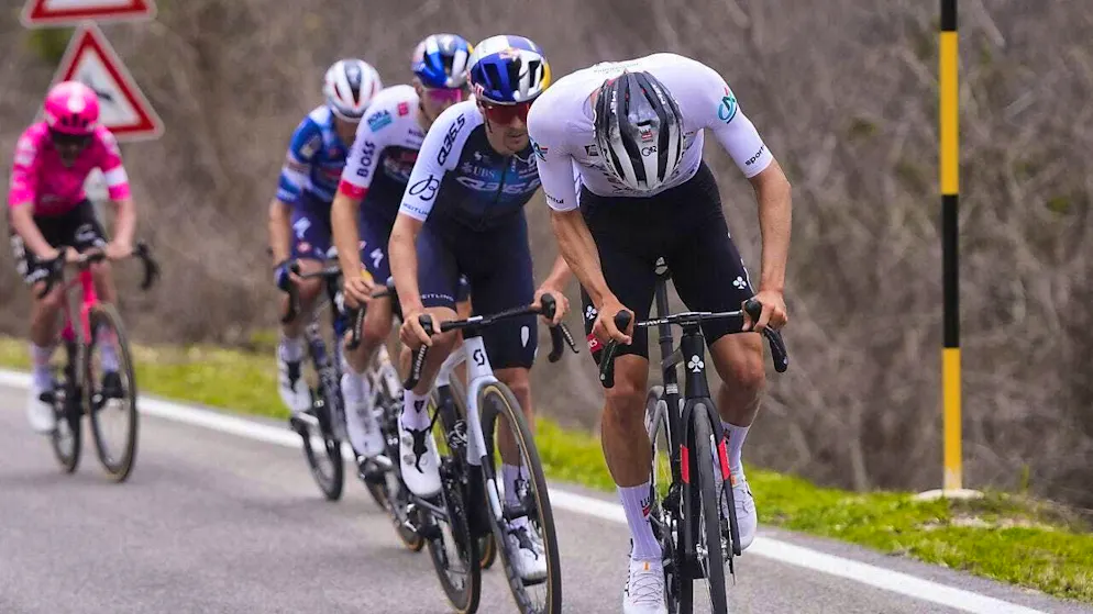 Juan Ayuso (in the white jersey) rode away from all his rivals on the final climb