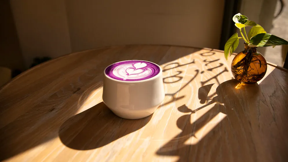 Papa Oro's serves purple cappuccino.