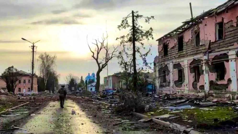SCREENSHOT - HANDOUT - This still image from a video released by the Russian Defense Ministry Press Service shows a view of the largest city in the Kursk region after it was taken by Russian troops. Photo: Uncredited/Russian Defense Ministry Press Service/AP/dpa - ATTENTION: For editorial use only and only with full attribution to the above credit