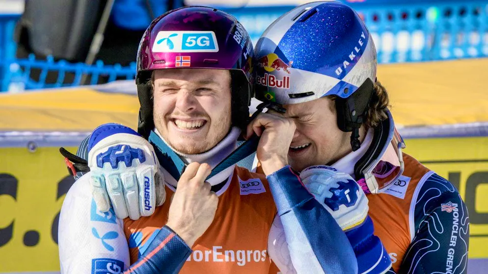 Pals McGrath (left) and Pinheiro Braathen (right) are on the verge of a double victory, then Meillard intervenes.