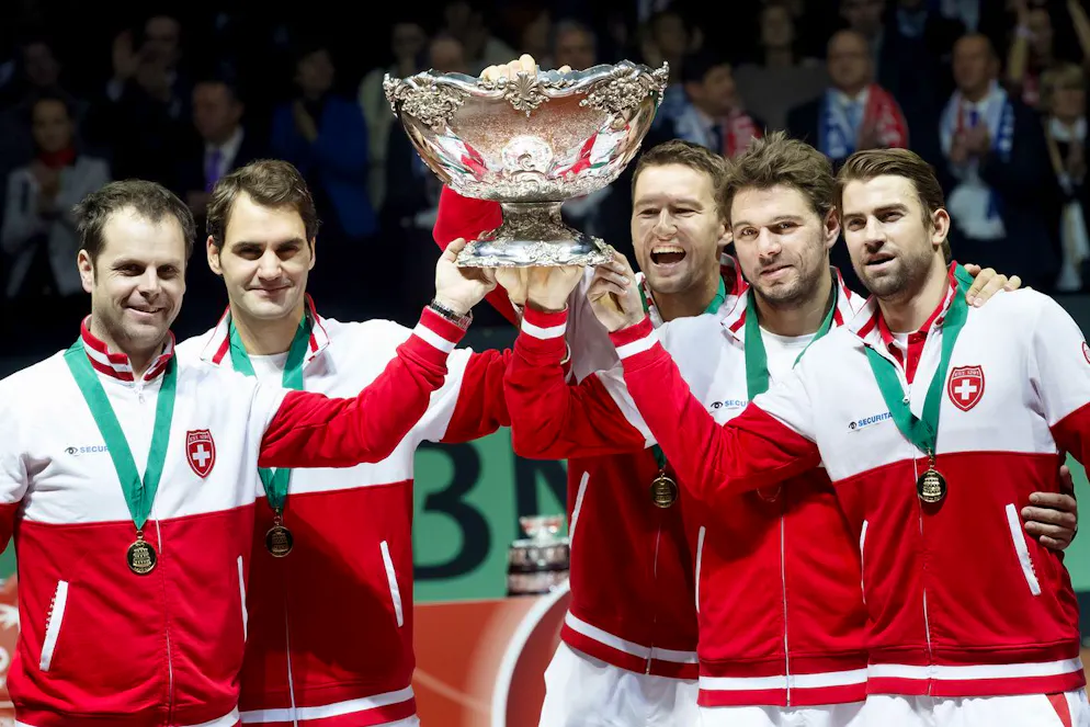 Das Schweizer Team jubelt über den Davis-Cup-Triumph 2014.