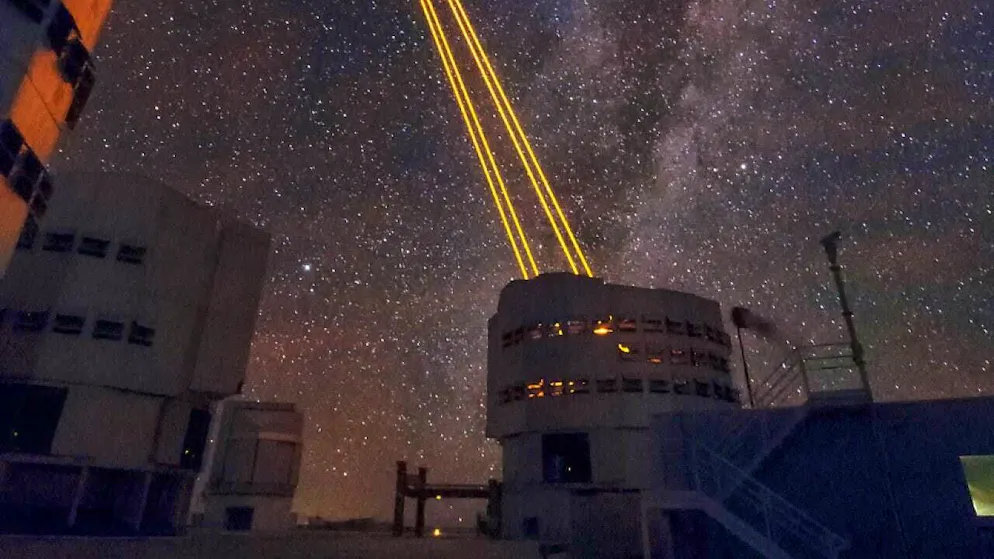 Four laser beams of the Laser Guide Stars Facility at the Very Large Telescope (VLT) help to compensate for atmospheric distortions. (archive image)
