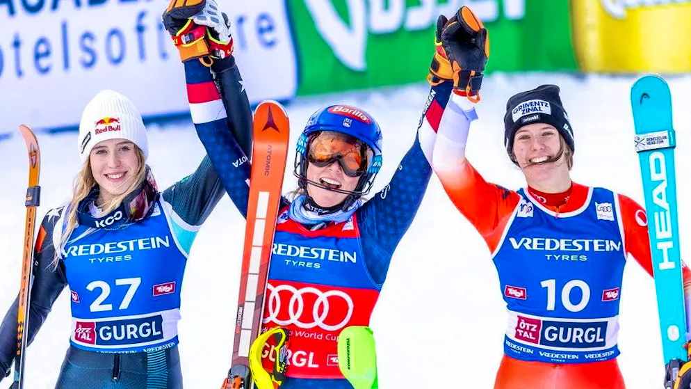 Lara Colturi (left) shared her first World Cup podium with Mikaela Shiffrin (center) and Camille Rast (right).