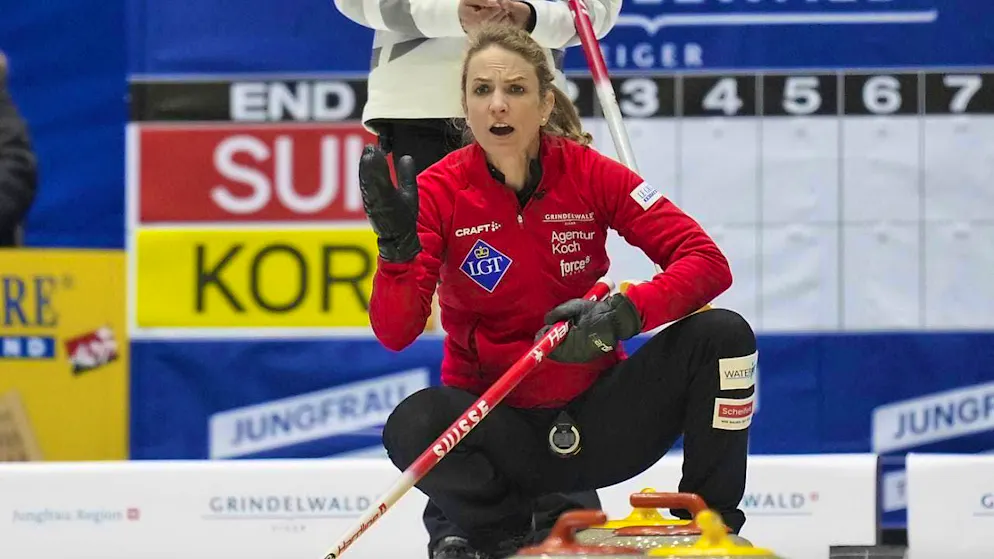 Skip Silvana Tirinzoni celebrates Switzerland's eighth win in eight games at the World Championships in South Korea
