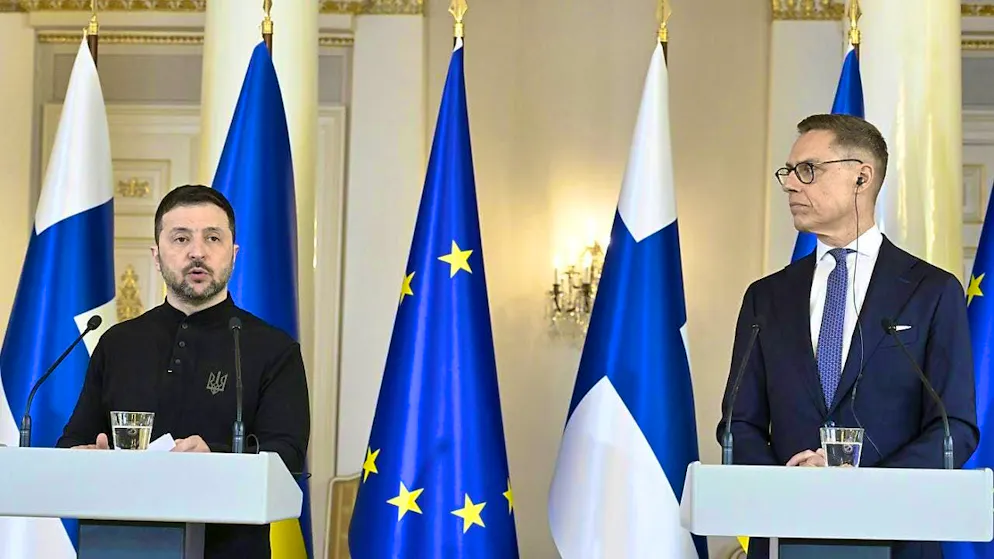 Volodymyr Zelensky, President of Ukraine, speaks during a joint press conference with Finnish President Alexander Stubb at the Presidential Palace. Photo: Heikki Saukkomaa/Lehtikuva/dpa