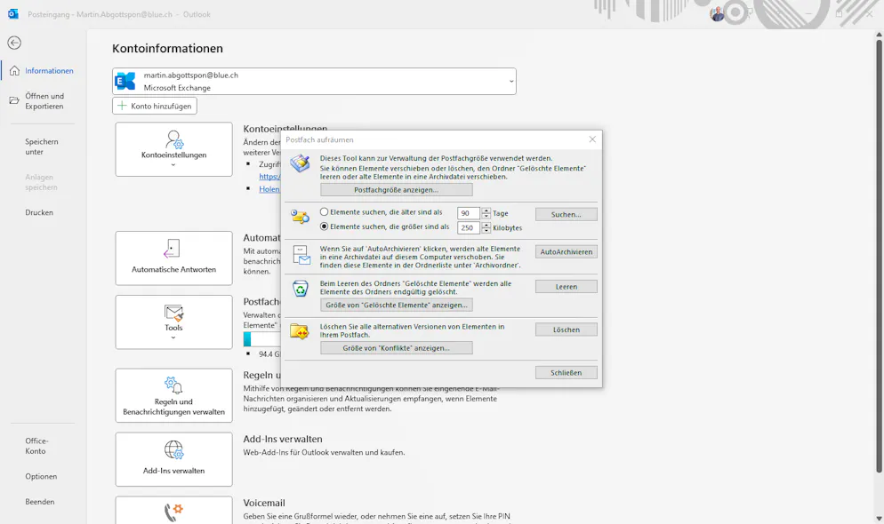 Hier lassen sich E-Mails einfach nach Datum oder Dateigrösse filtern.