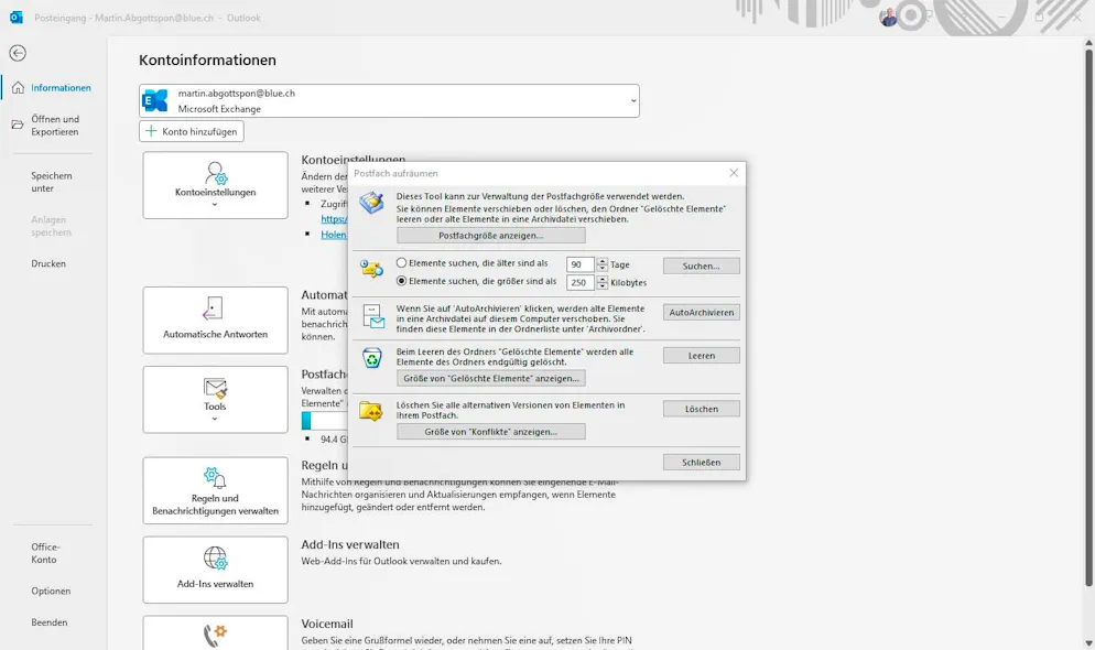 Here you can easily filter emails by date or file size.