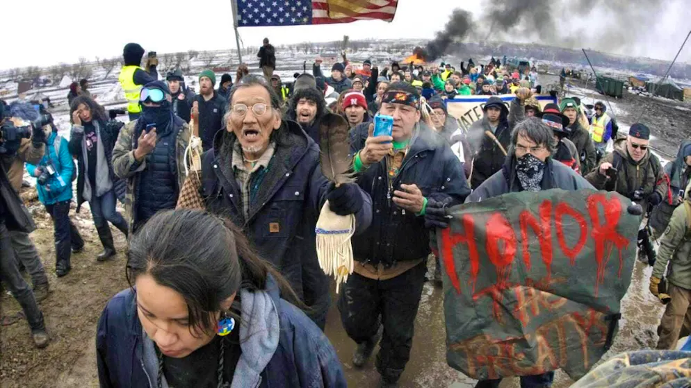 ARCHIVE - Numerous opponents of the continued construction of the Dakota Access Pipeline leave the "Oceti Sakowin" protest camp before the deadline set by the authorities for eviction, on February 22, 2017 in Cannon Bell, North Dakota Photo: Mike Mccleary/dpa