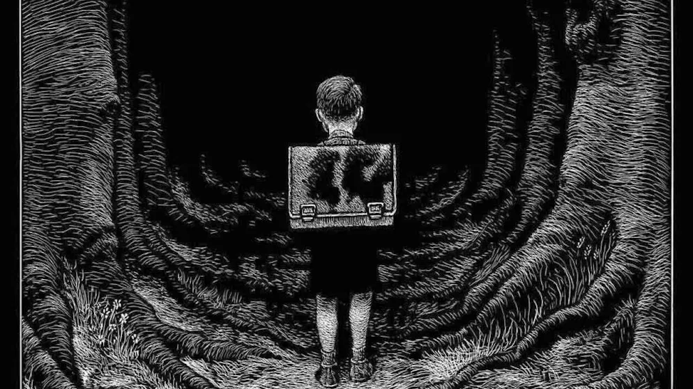 "Weltenbummler" (2012) shows a young schoolboy on his way into an eerie, dark ravine. The drawing by comic artist Thomas Ott hints at the abysses of human existence. The Cartoonmuseum Basel is dedicating a retrospective to the Zurich-born artist.