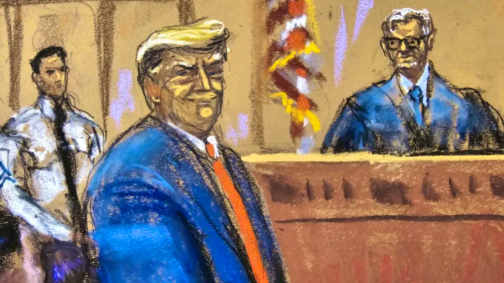 A drawing shows Donald Trump in court in Manhattan, New York, on April 15, 2024.
