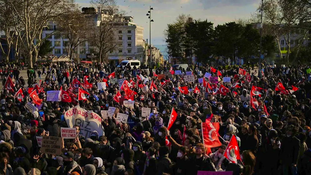 The Turkish financial markets have been under massive pressure since the arrest of opposition politician Ekrem Imamoglu - pictured here are demonstrators in Istanbul.