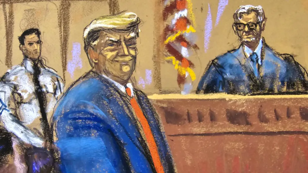 Eine Zeichnung zeigt Donald Trump am 15. April 2024 vor Gericht in Manhattan, New York.
