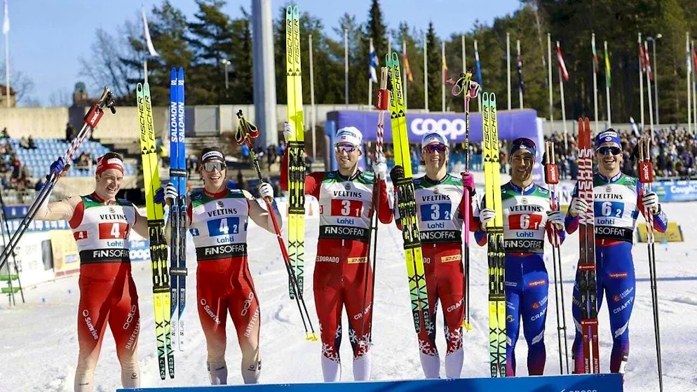 Swiss duos in team sprint with two podium places - Gallery. Janik Riebli and Valerio Grond (far left) at the award ceremony.
