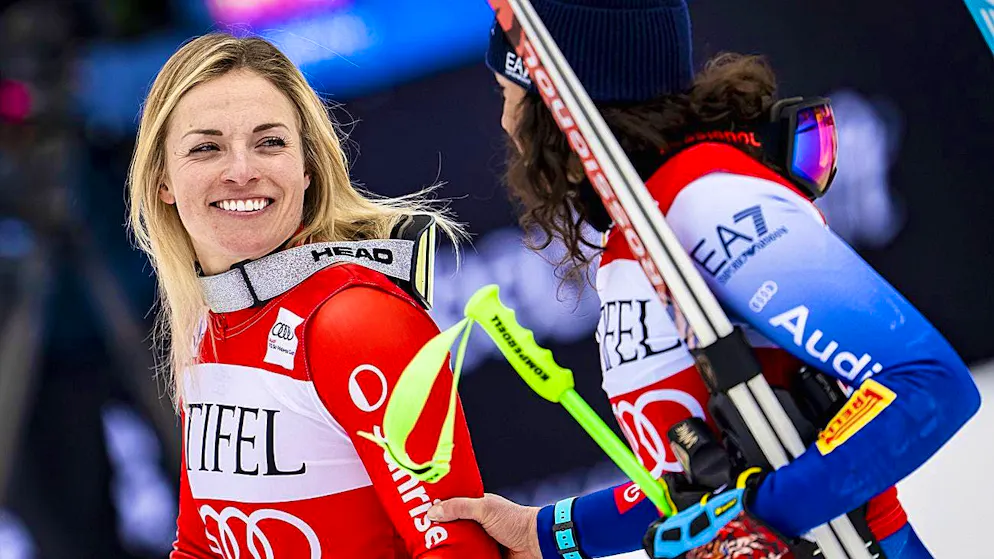 Lara Gut-Behrami and shot put competitor Federica Brignone (right)