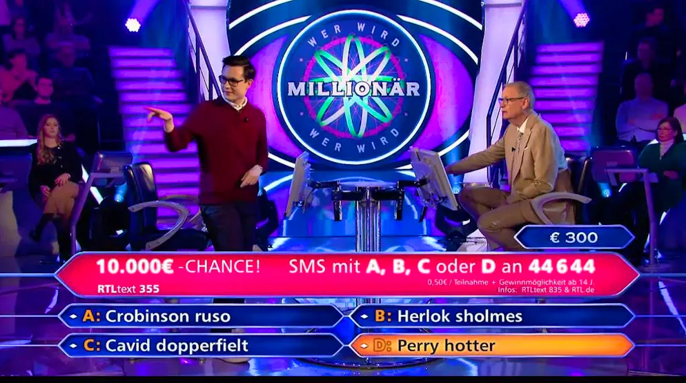 Medical student Vincent Eiselt's bladder is so tight that he has to run to the toilet during the TV show "Who Wants to Be a Millionaire?".