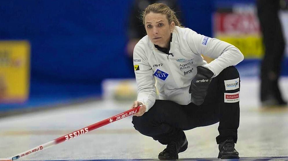 Swiss skip Silvana Tirinzoni looks critically at a stone that has been played
