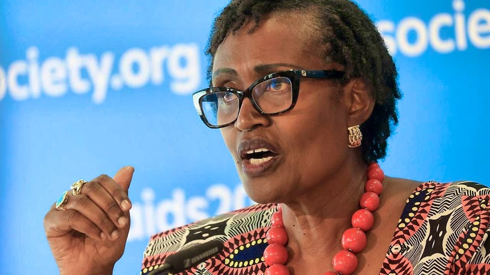 ARCHIVE - Winnie Byanyima from Uganda, sits at a press conference at the 25th World AIDS Conference. Photo: Karl-Josef Hildenbrand/dpa