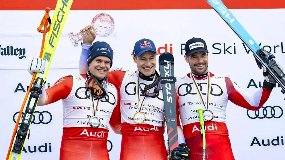 Odermatt and the competition in his own camp - Gallery. The top three in the Super-G classification (from left): Stefan Rogentin, Marco Odermatt, Vincent Kriechmayr