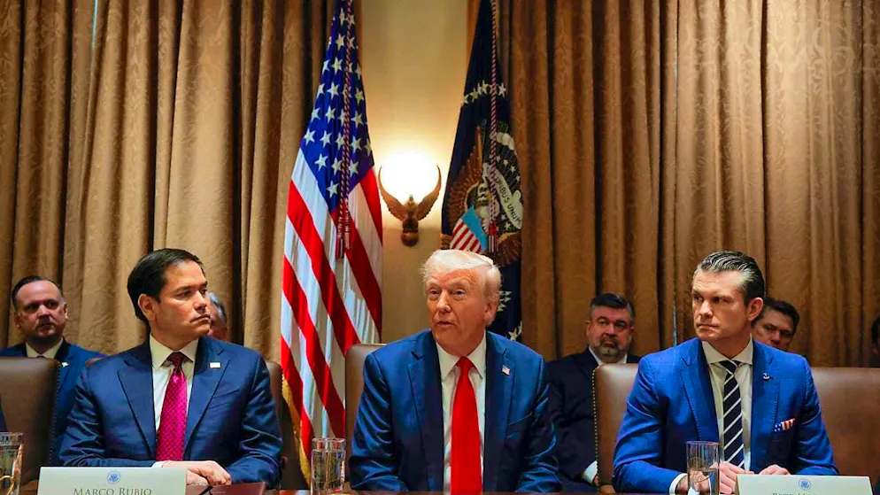 ARCHIVE - US President Donald Trump (M) speaks during his first cabinet meeting after his re-election at the White House, while Secretary of State Marco Rubio and Defense Secretary Pete Hegseth listen in. The editor-in-chief of the US magazine "The Atlantic" says he was inadvertently included in a secret US government group chat in which highly sensitive military plans were apparently discussed. Photo: Uncredited/Pool/dpa