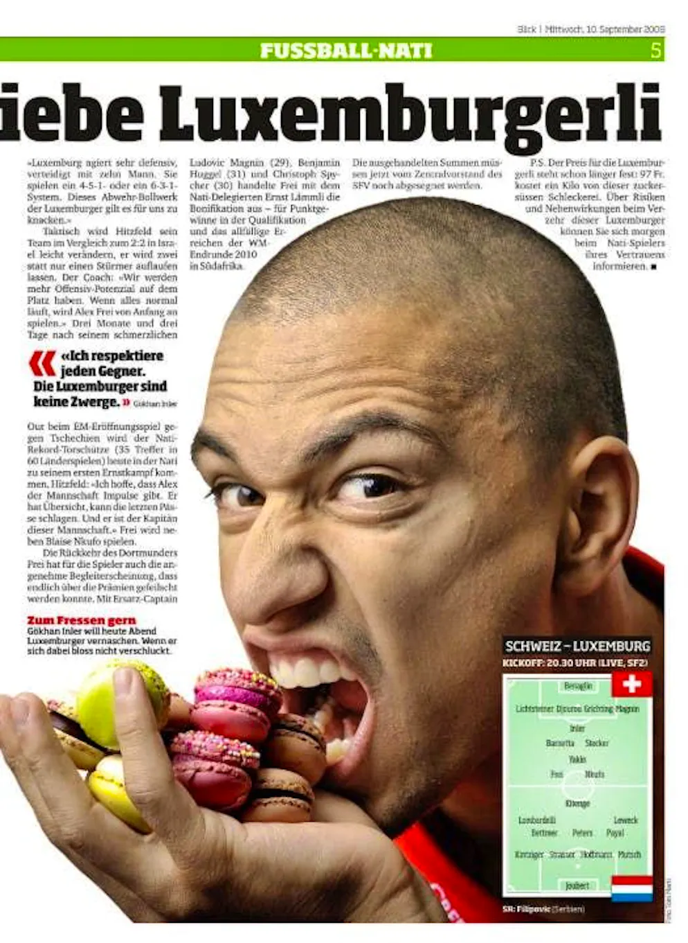 Just for the photo: Inler poses with the famous Luxemburgerli.