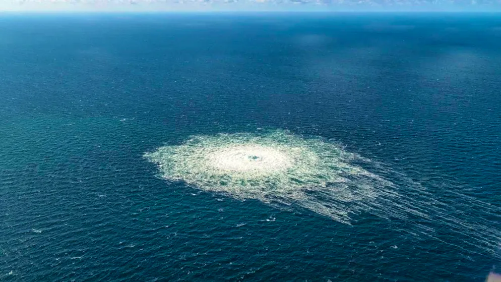ARCHIVE - The photo provided by the Danish Defense Command showed the Nord Stream 2 gas leak near Bornholm from the air. Photo: -/Danish Defense Command/dpa/Archive