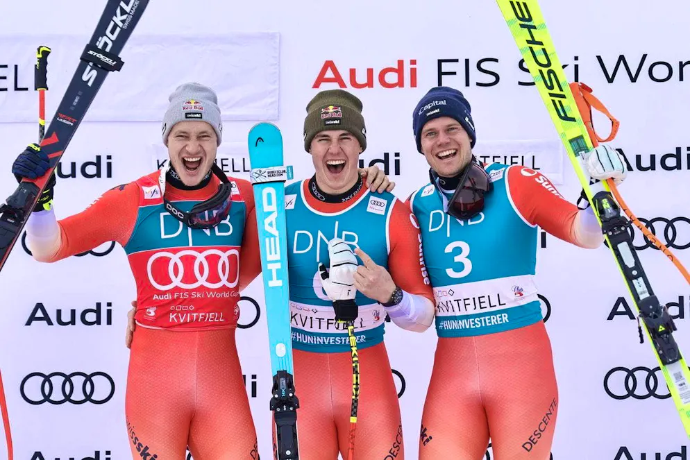 Swiss triple victories make the rest of the world green with envy. <strong>March 8, 2025:</strong> Franjo von Allmen wins the downhill in Kvitfjell again ahead of Marco Odermatt. Stefan Rogentin (right) comes third.